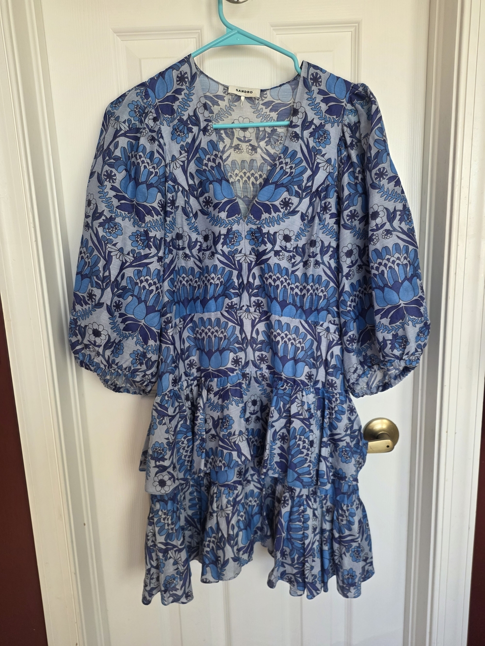 Sandro Blue Floral Tiered Puff-Sleeve Tunic